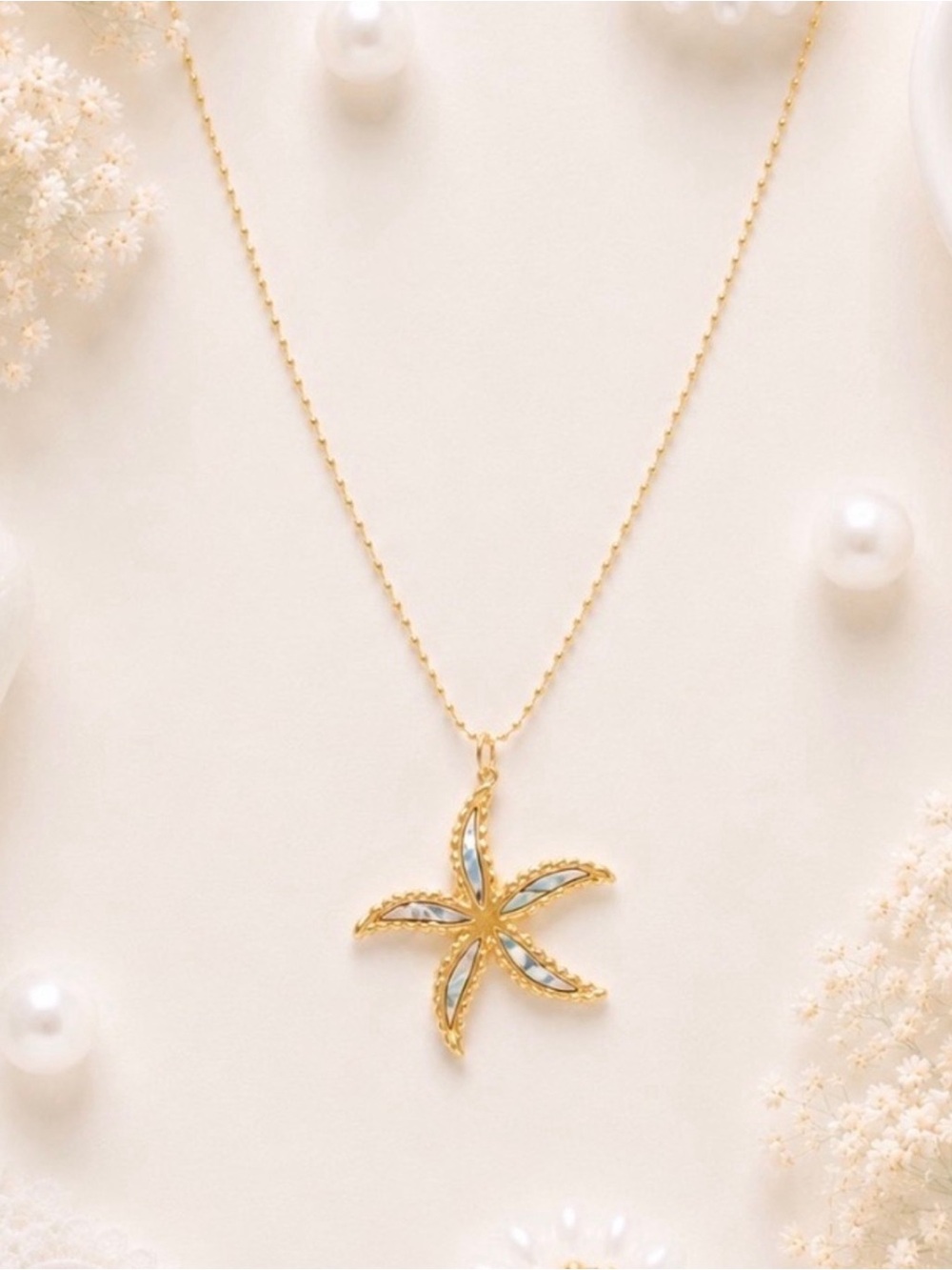 Gold Tone Starfish Pendant Necklace with Aqua Inlay - NWOT